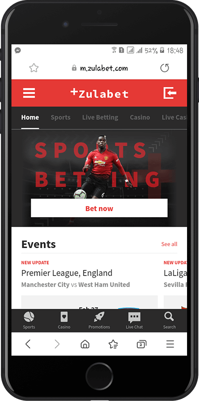 Mobile screenshot of the Zulabet home page